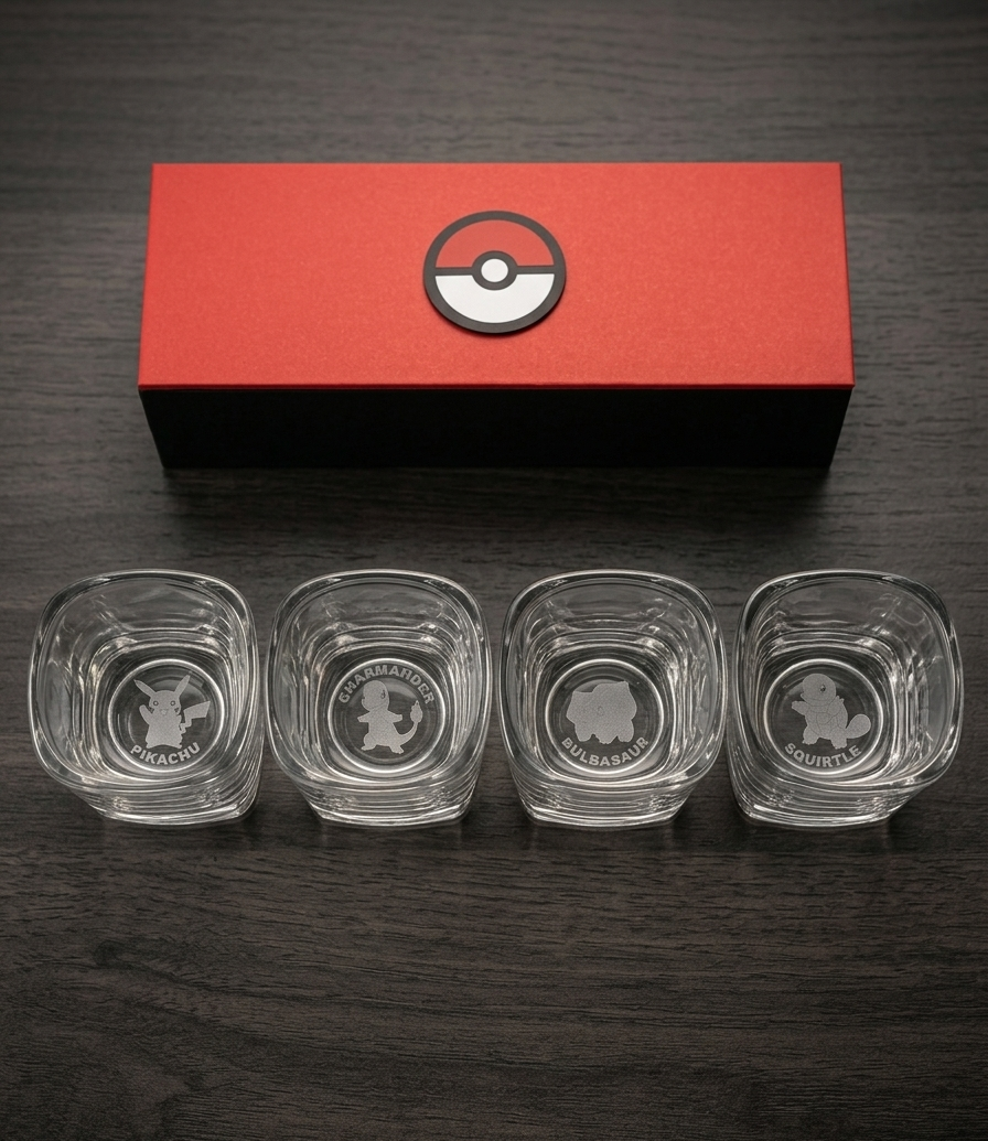 Pokemon starter shot glass set of four in a red box